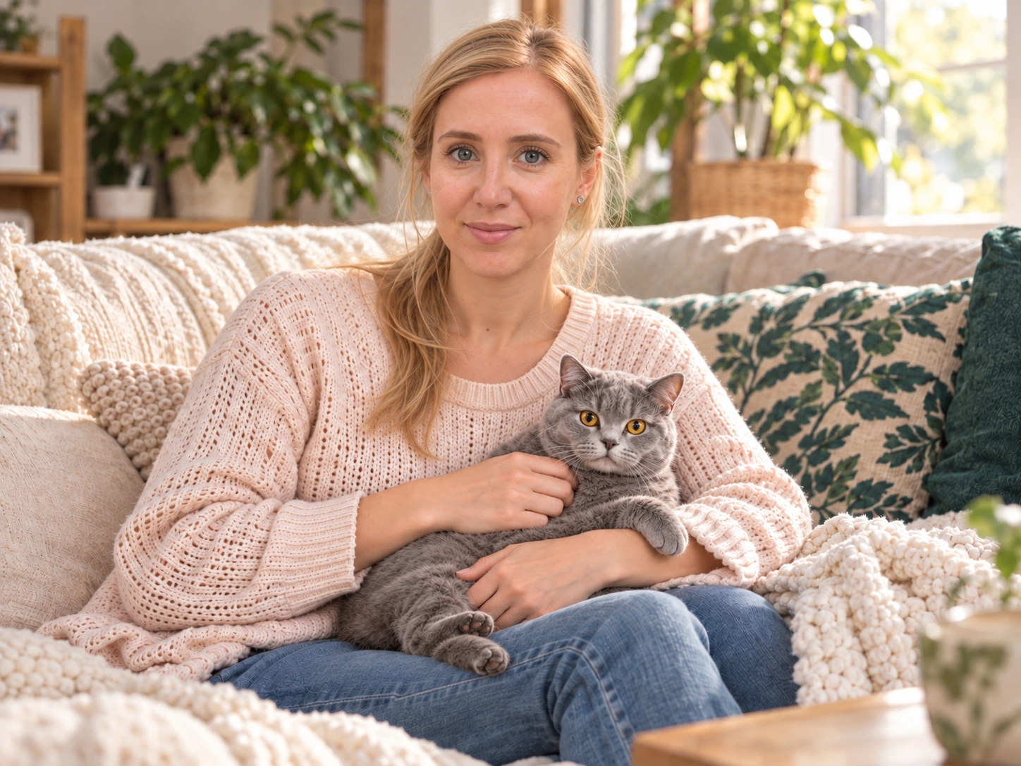 Portret ilustrativ: Simona alături de o pisică, pe canapea